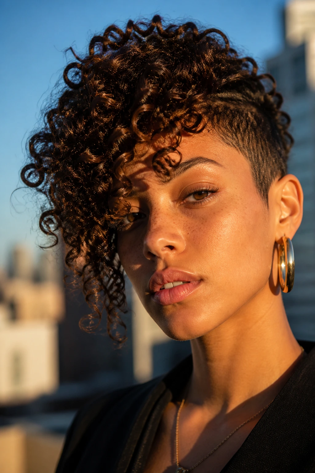 Close-up of a real person with an asymmetrical spiral hairstyle showing longer curl on one side and shorter on the other