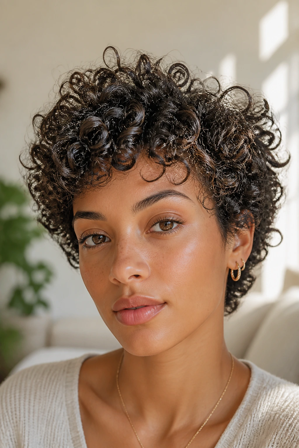 Close-up portrait of a real person with voluminous 3B spiral curls