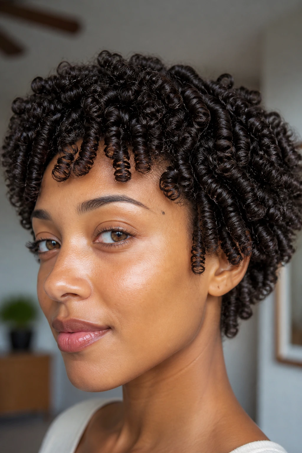 Close-up portrait of a real person with defined 3C corkscrew curls