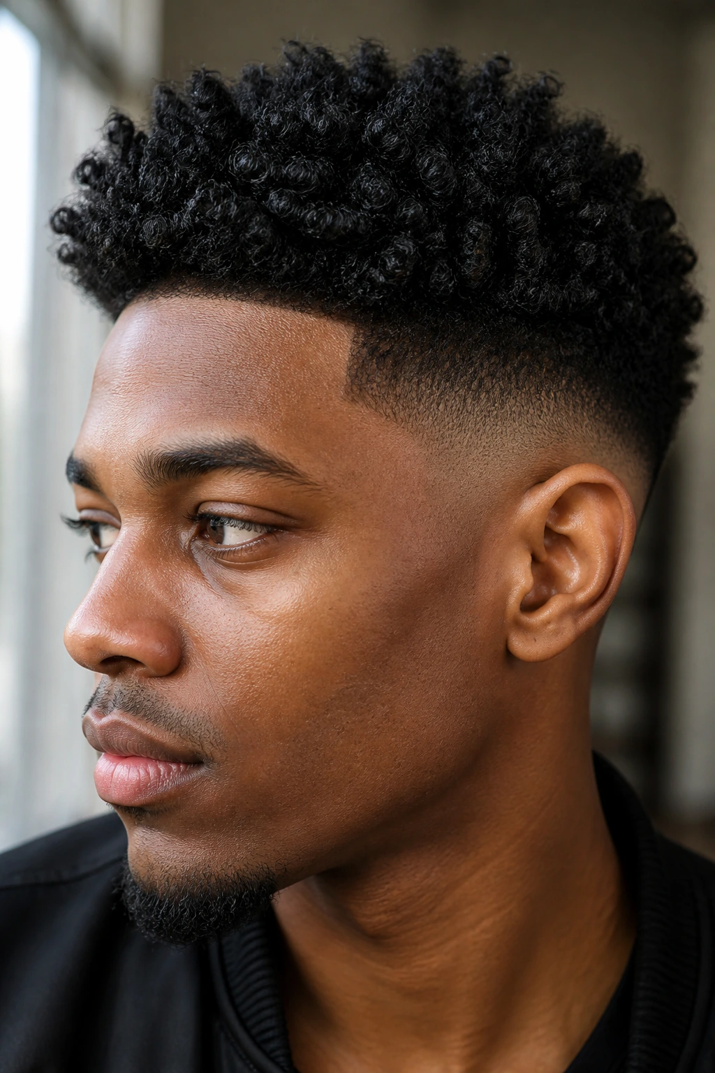 Close-up of a real person showing tapered 4B/4C fade with shaved sides and textured top