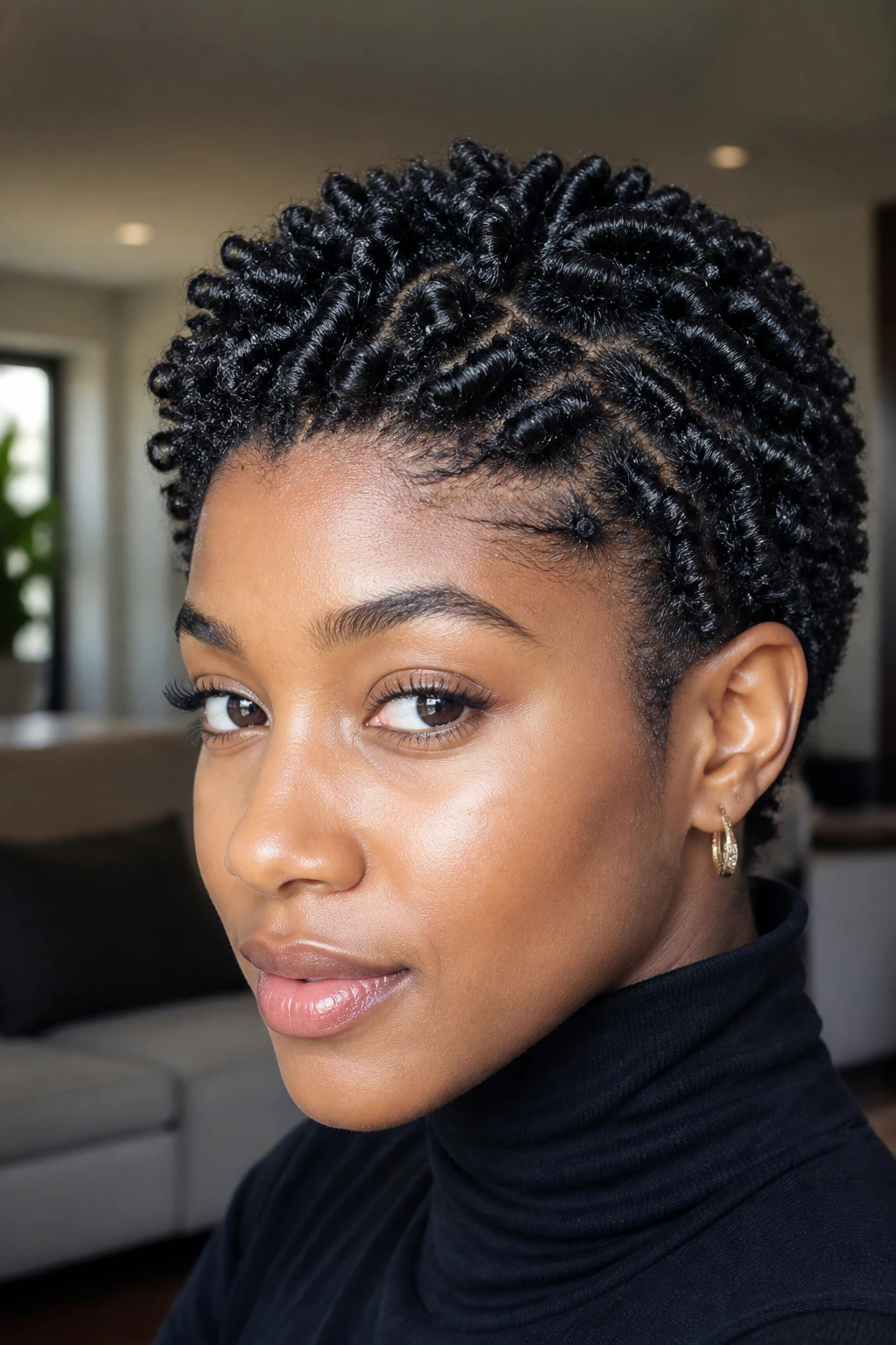 Close-up portrait of a real person with sharp 4B zigzag curls