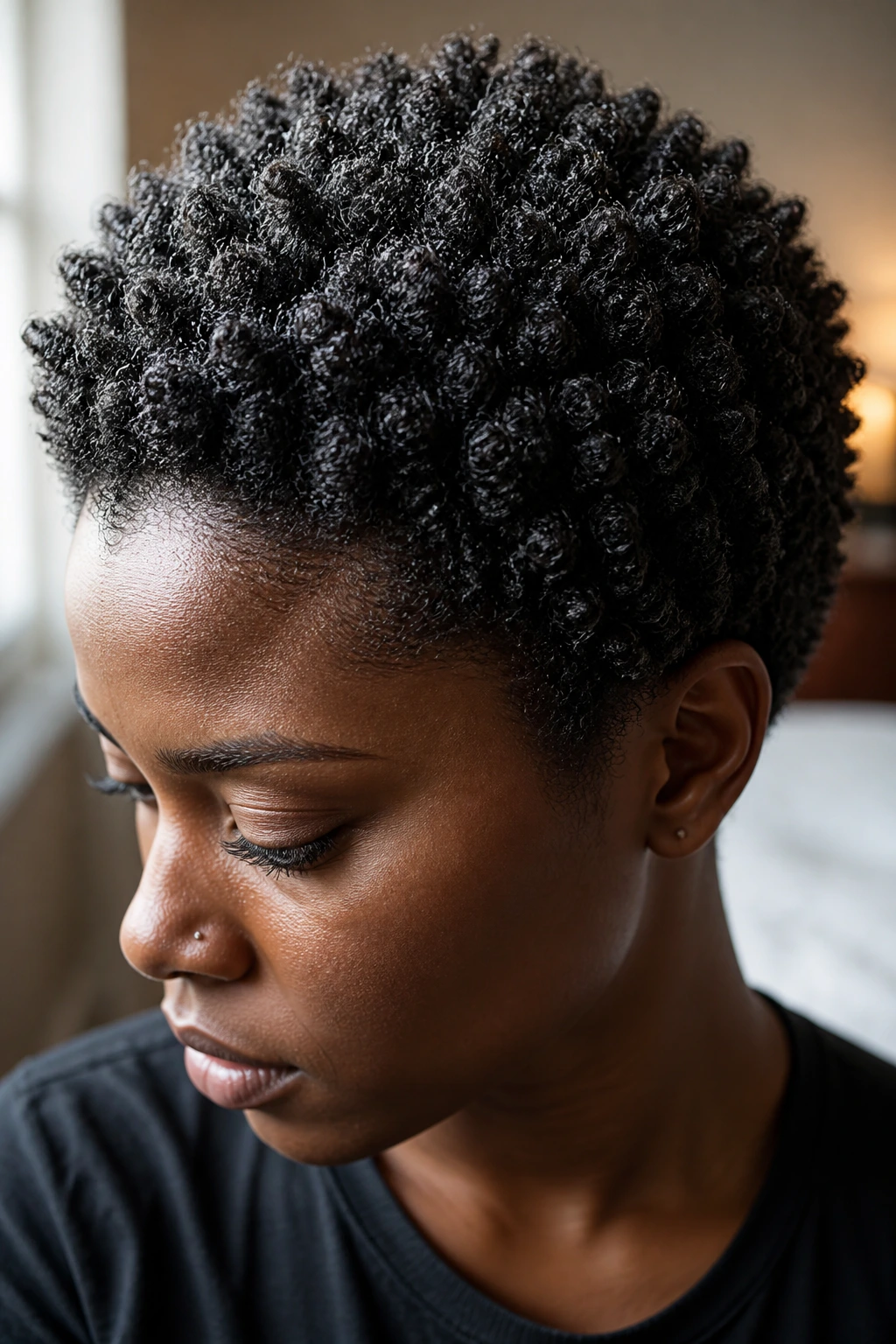 Close-up portrait of a real person with dense 4C coils in a short crop