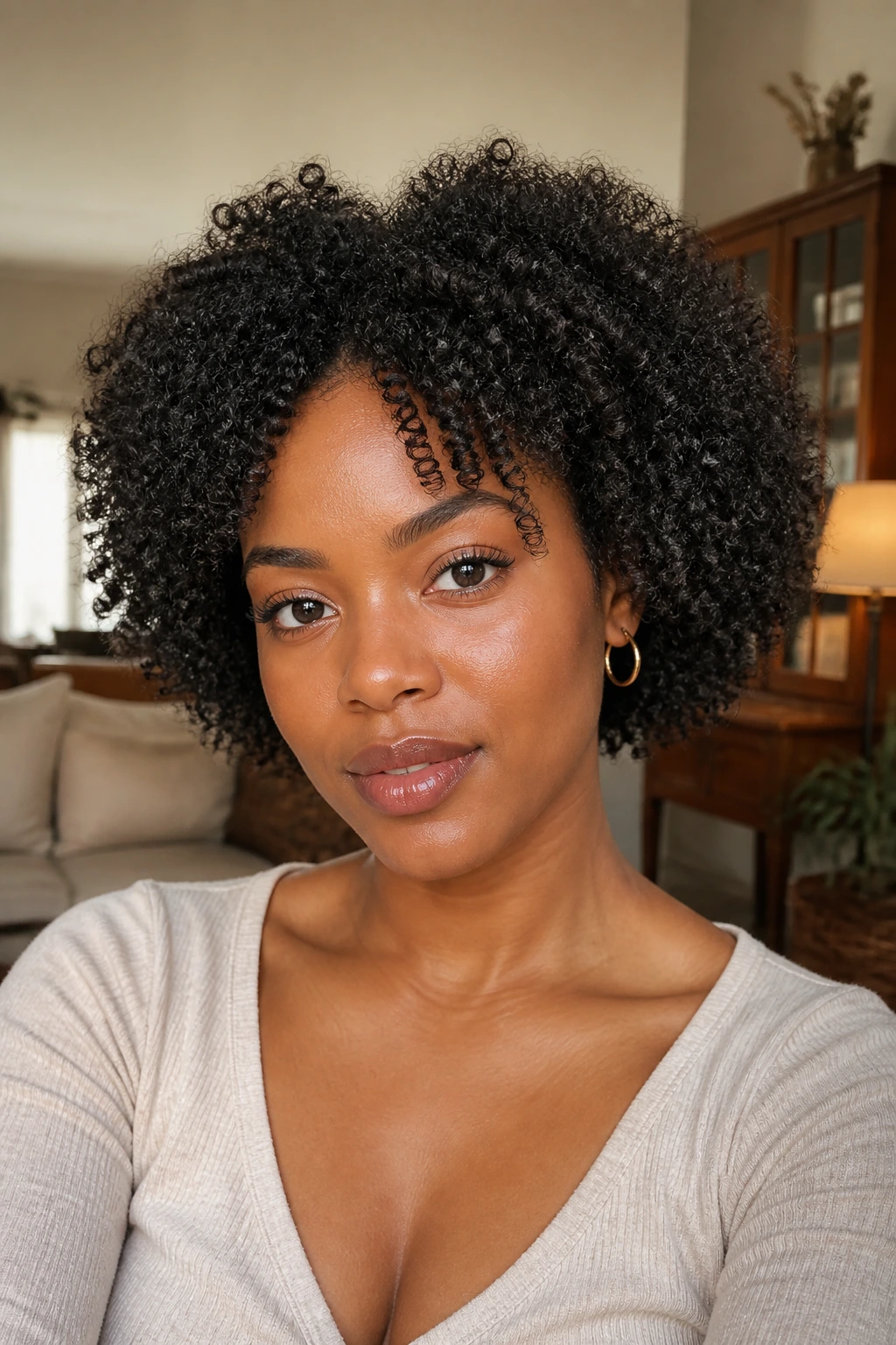 Close-up of a real woman with a shoulder-length coil bob featuring tight 4C curls and a rounded silhouette.