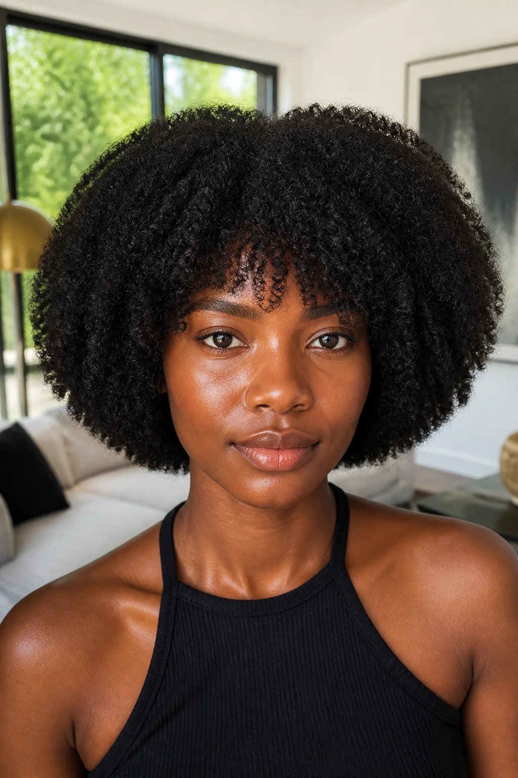 Portrait of woman with voluminous 4C rounded bob sphere of curls