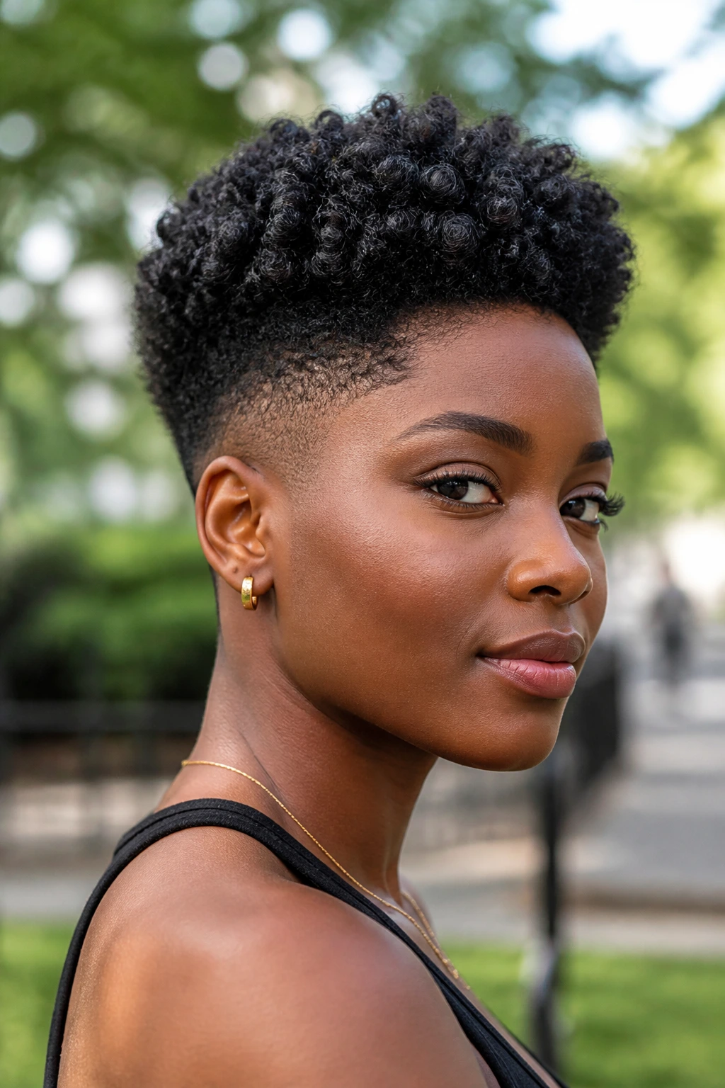 Close-up portrait of a person with 4C tapered afro hair, top rounded and sides short
