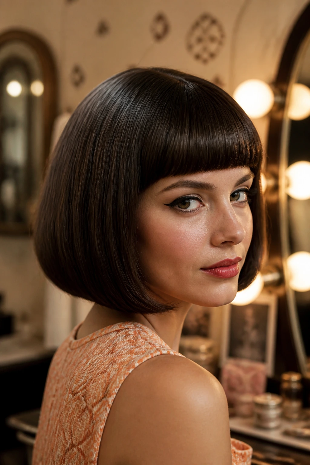 Close-up of a real woman with a retro 60s bob and blunt bangs in warm vintage lighting
