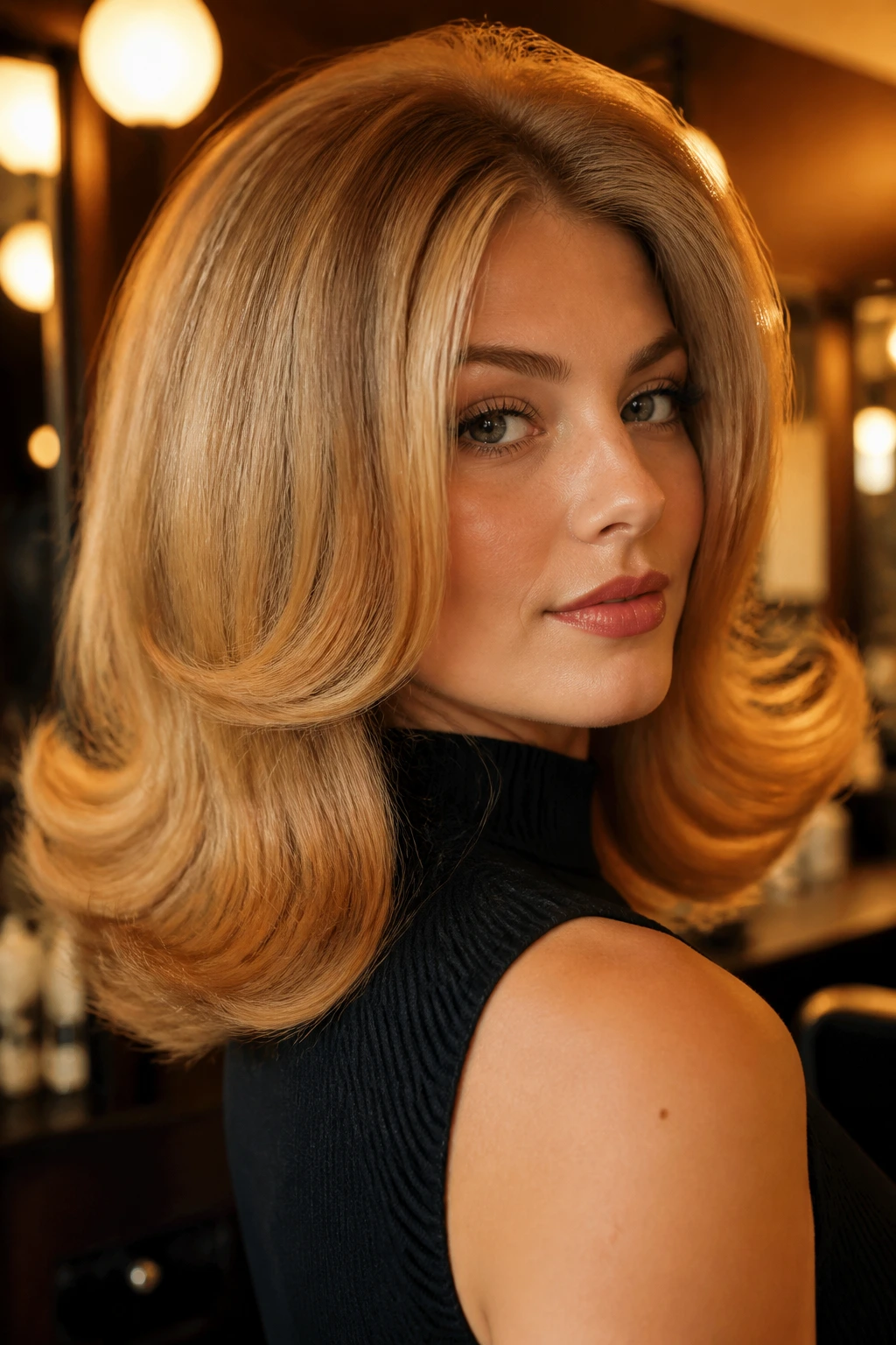 Close-up portrait of a real woman with 60s high-volume flip
