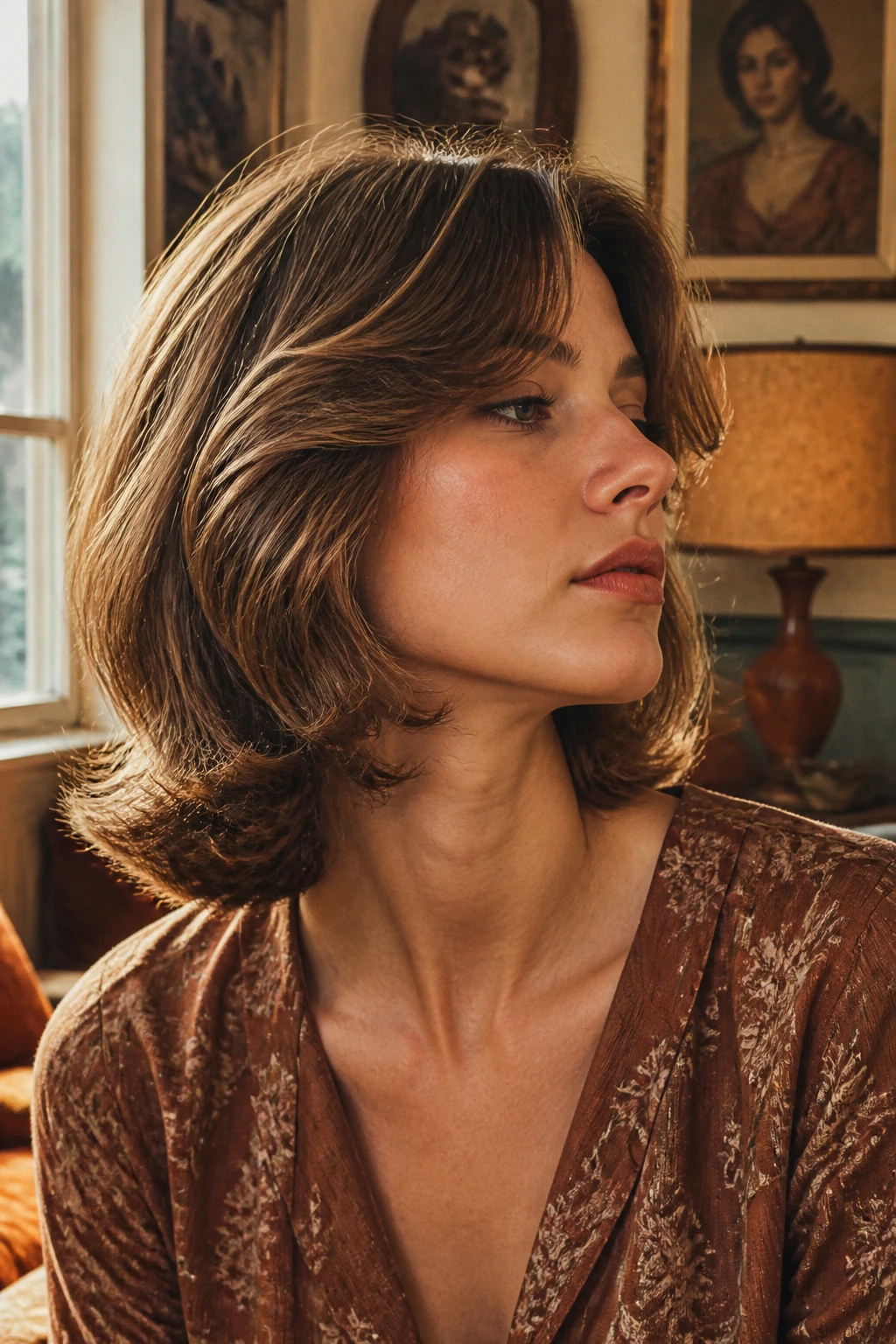 Portrait of a woman with a 70s feathered bob and long curtain bangs in a retro living room