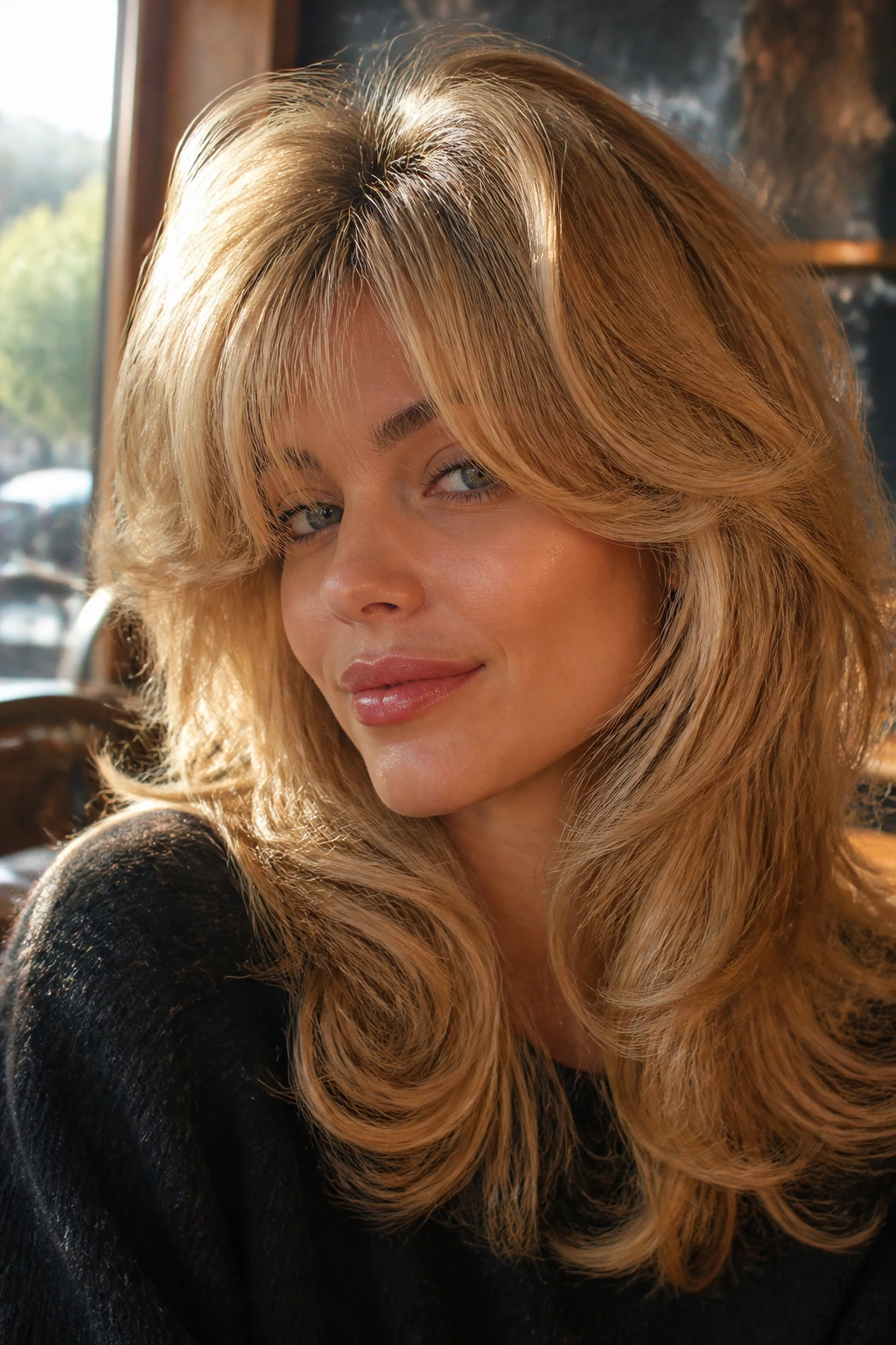 Real woman with fluffy 90s blowout bangs and round layers.