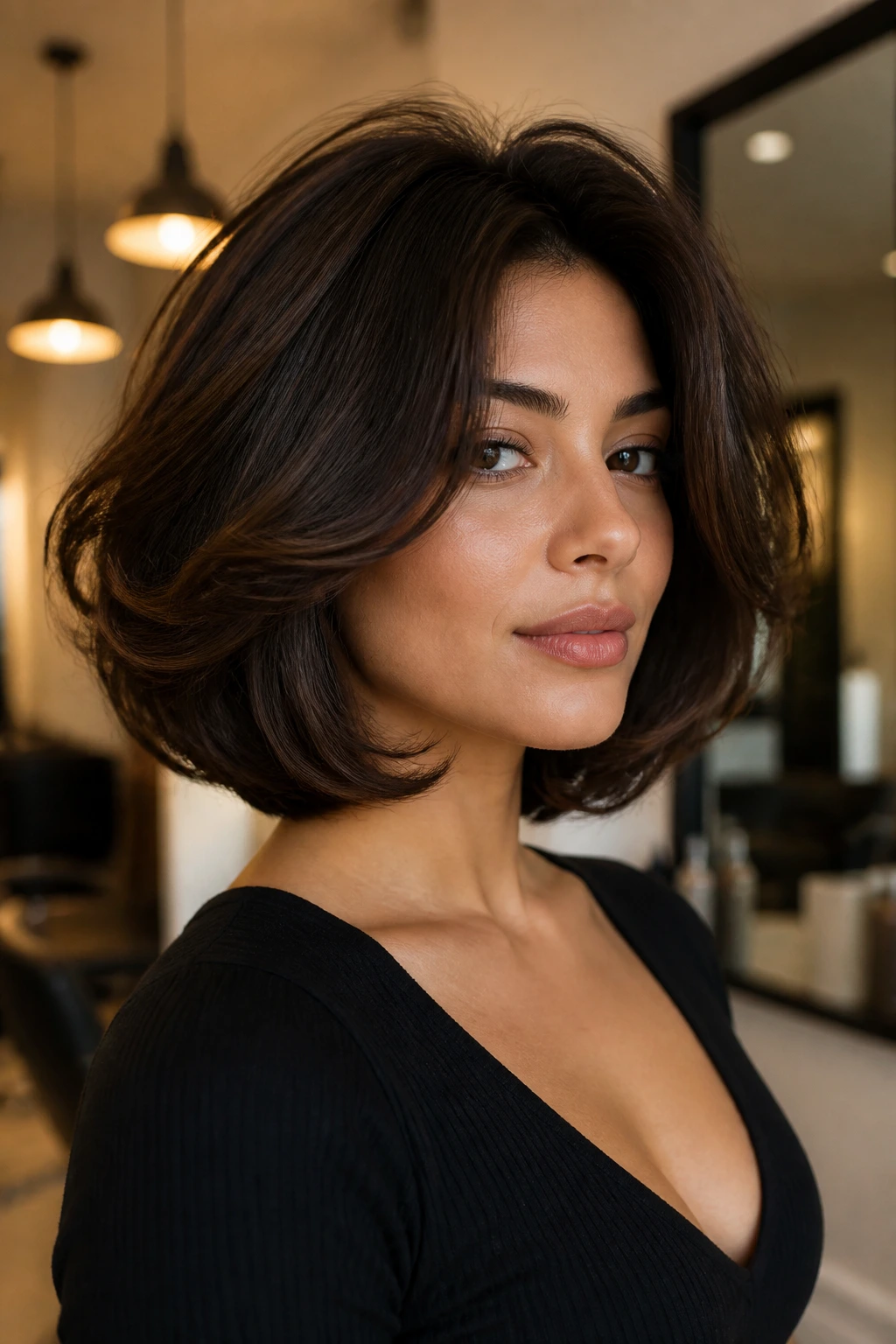 Woman with 90s-inspired voluminous blowout bob in salon light
