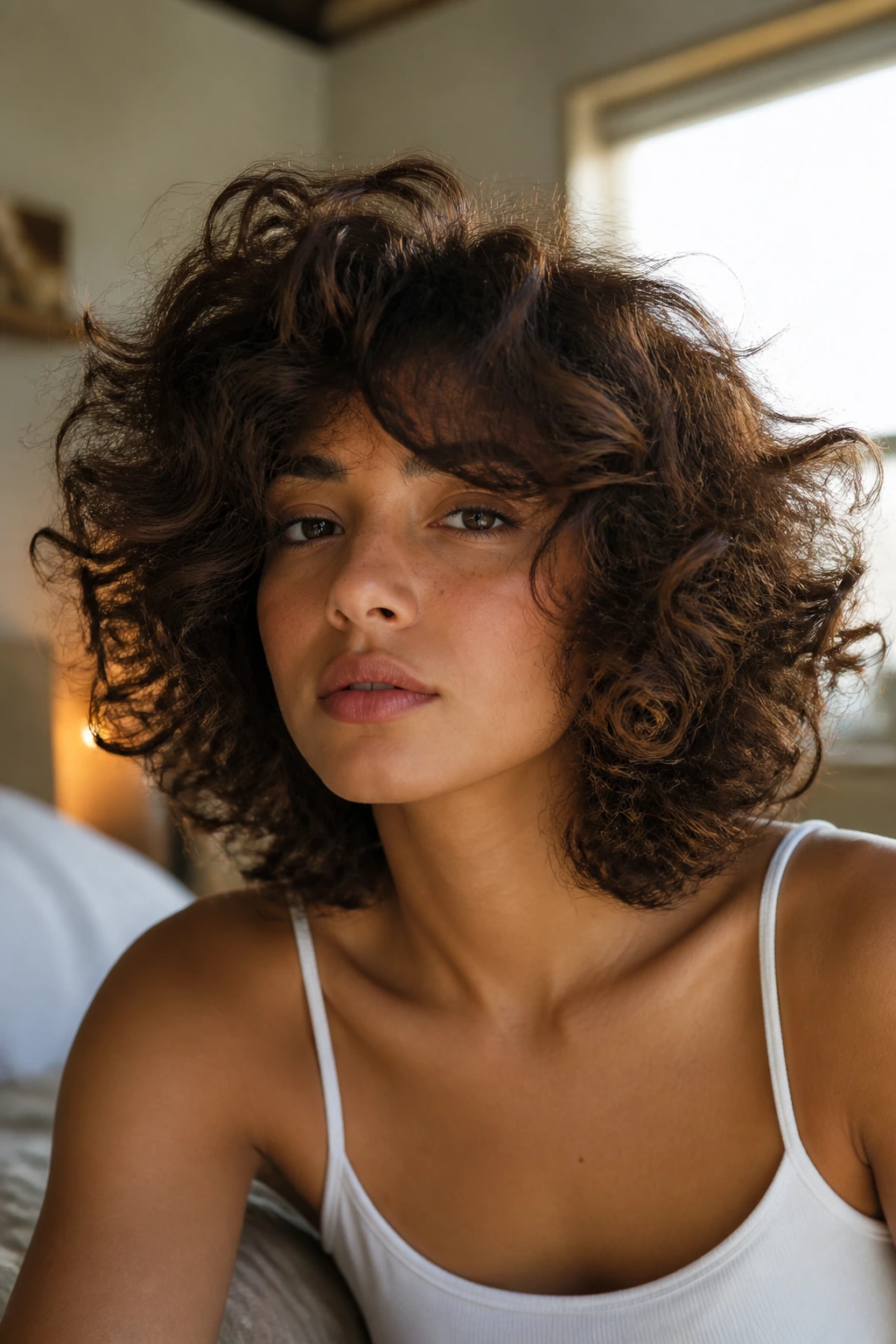 Close-up portrait of a real woman with a 90s-inspired super-voluminous curly bob and curtain bangs in warm window light.