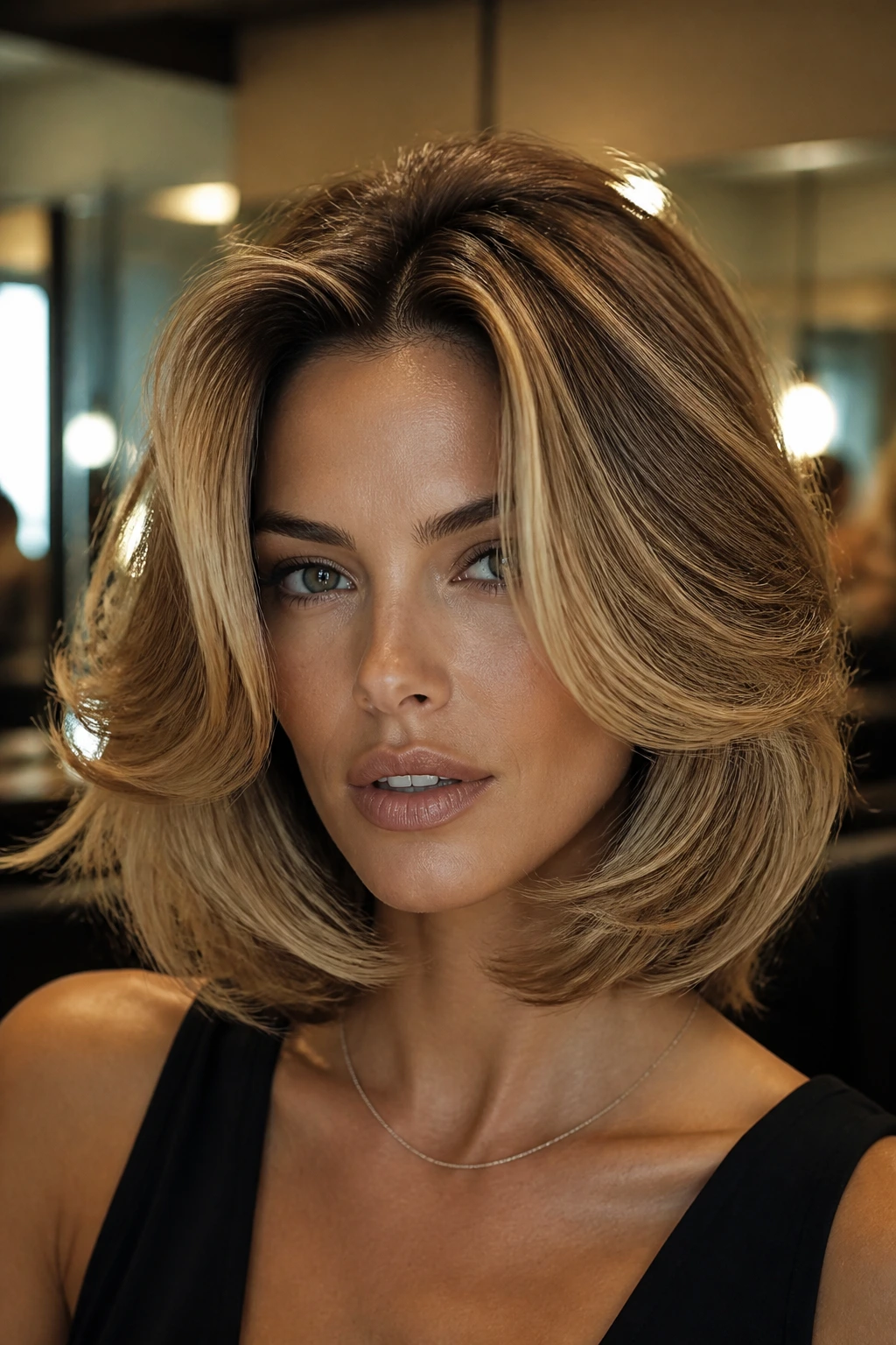 Close-up of a woman with a voluminous blowout bob and curtain bangs in a salon