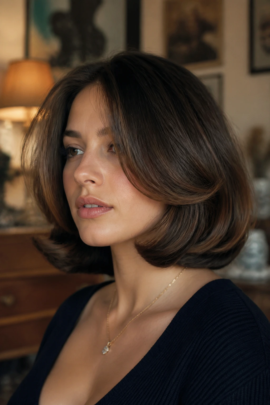 Close-up of a real woman with a 90s-inspired curled bob in a retro setting