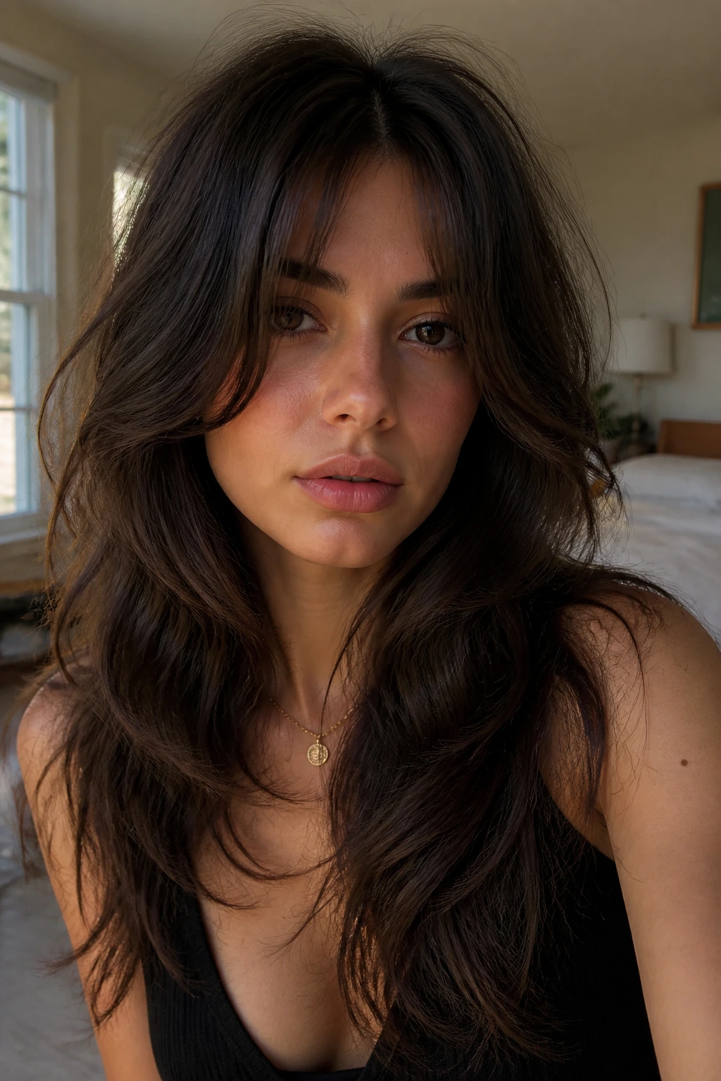 Close-up portrait of a real person with voluminous center-parted fringe in a 90s-inspired look