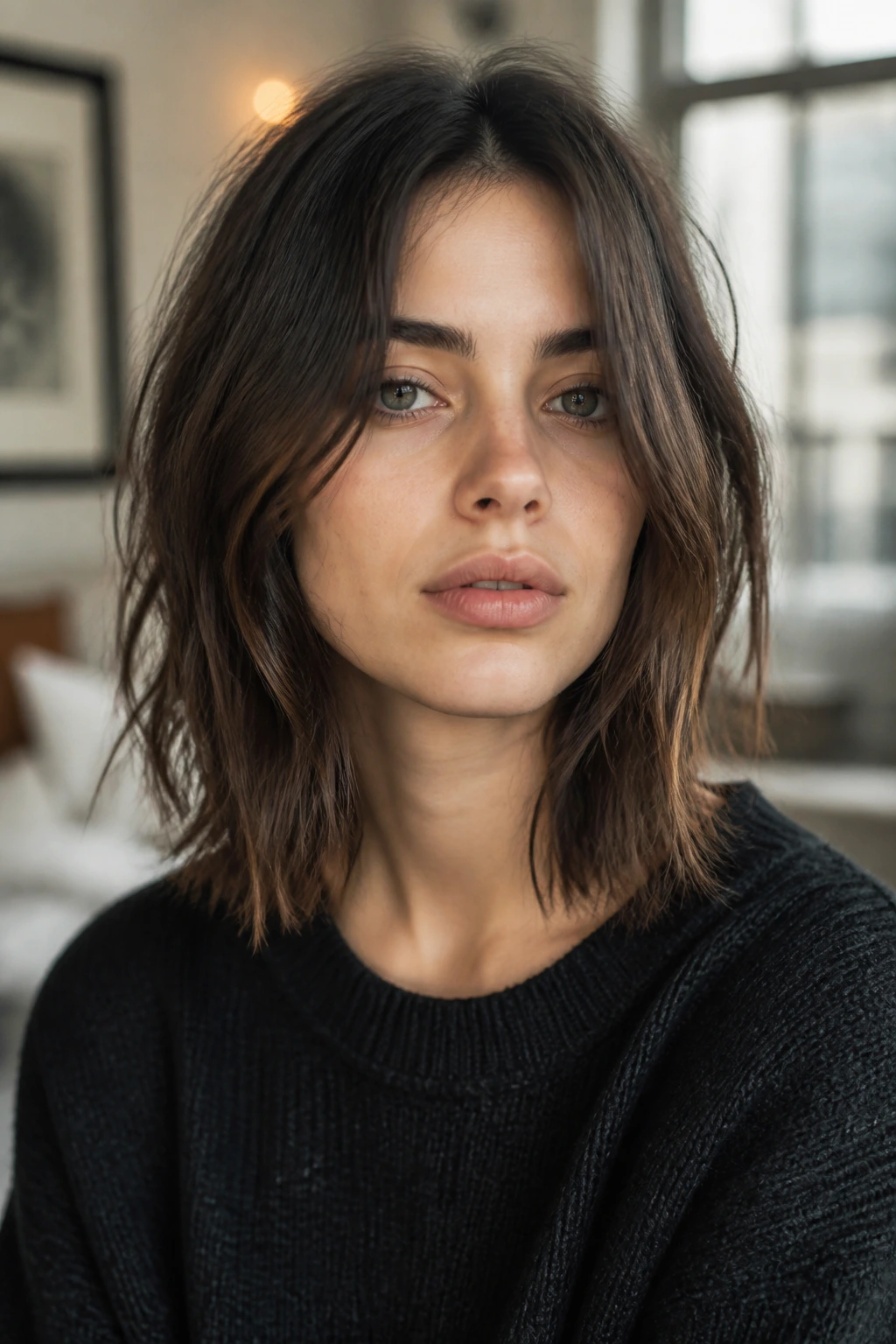 Close-up portrait of a real person with a center-parted messy collarbone-length lob in moody natural light.