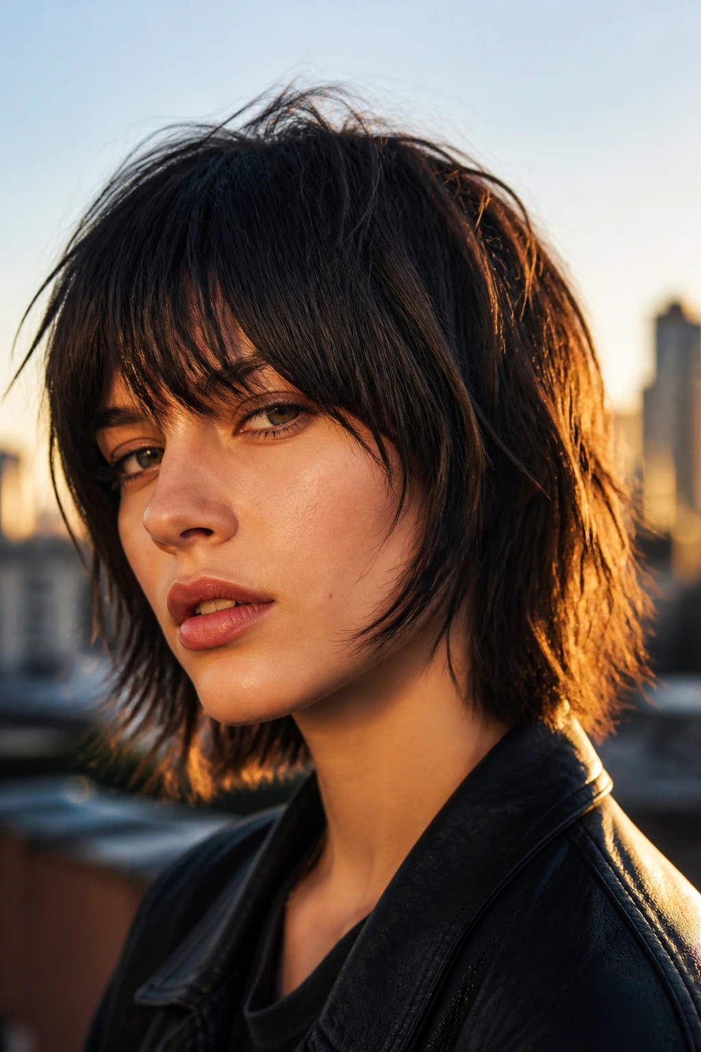 Close-up of a real woman with 90s grunge shag on urban rooftop at golden hour