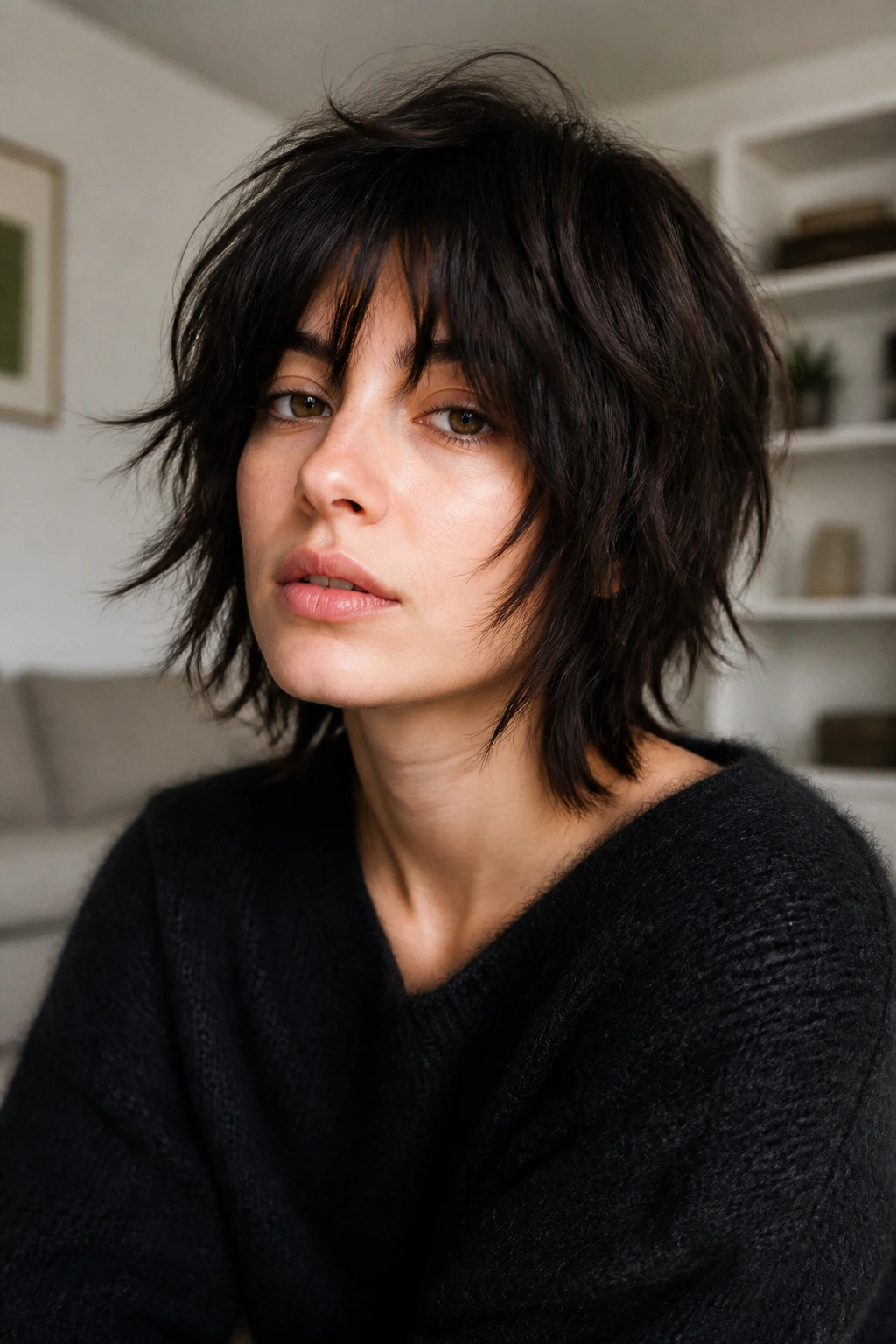 Portrait of person with 90s grunge shag hairstyle and textured layers.