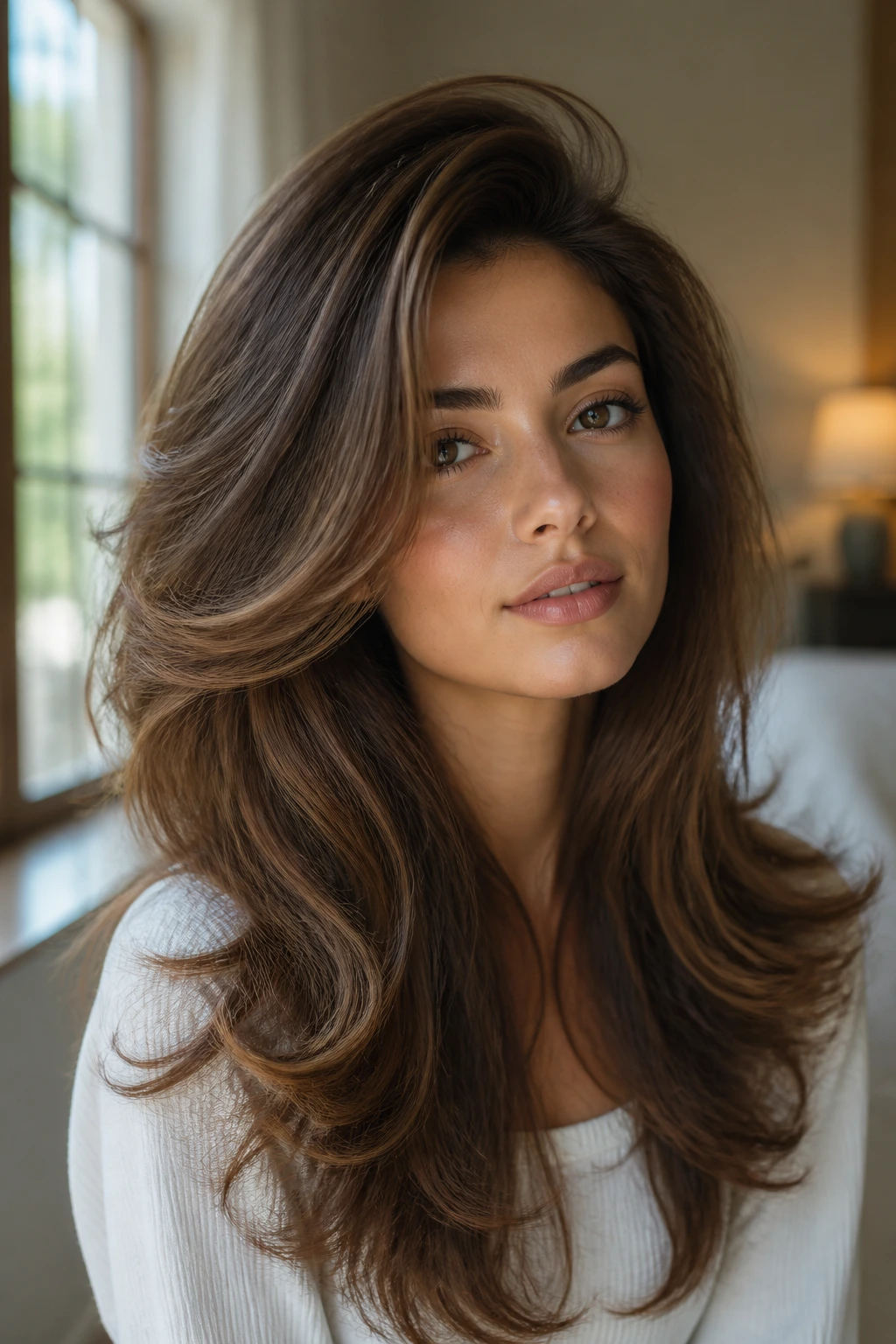 Portrait of a person with a dramatic voluminous 90s-style blowout