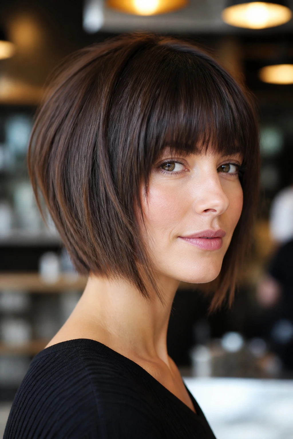 Close-up of a real woman with textured A-line and blunt bangs in chic interior light.