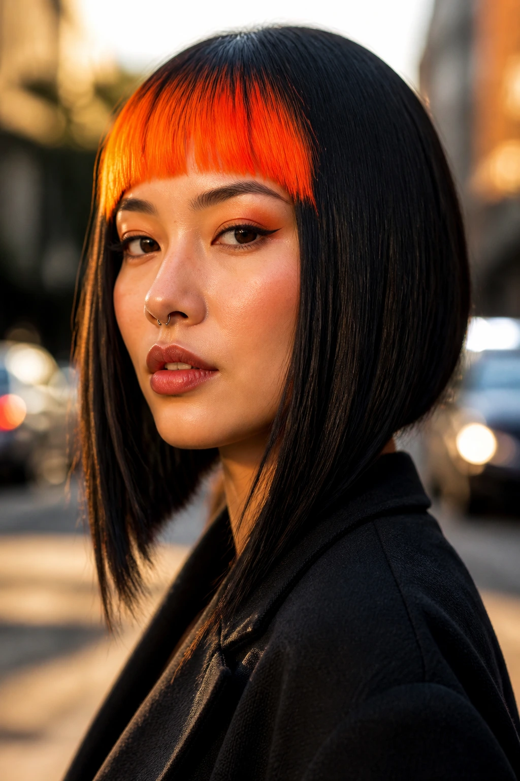 Portrait of a real person with sharp A-line cut and neon tangerine blunt bangs