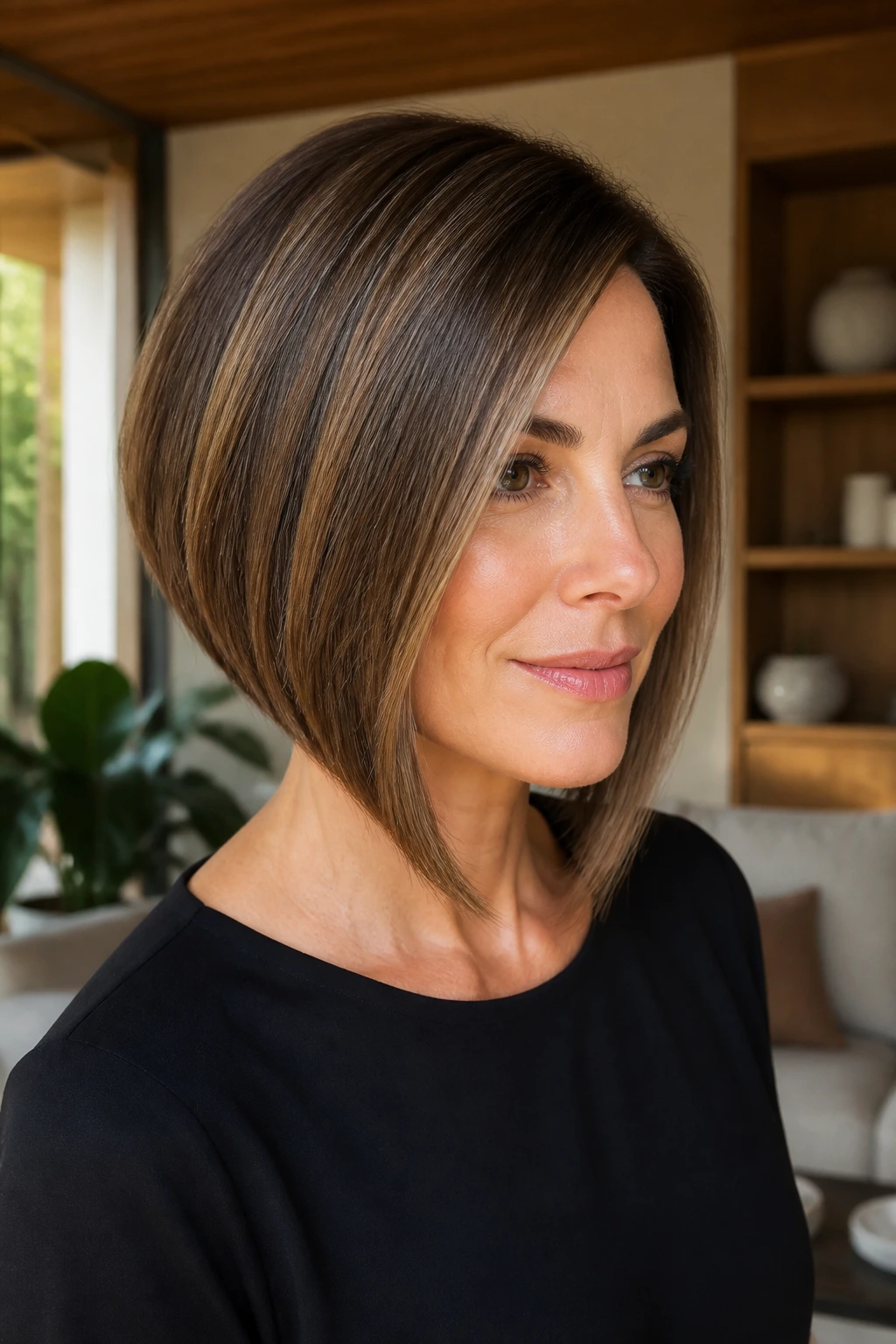 Close-up of a real woman with a sophisticated angled A-line bob