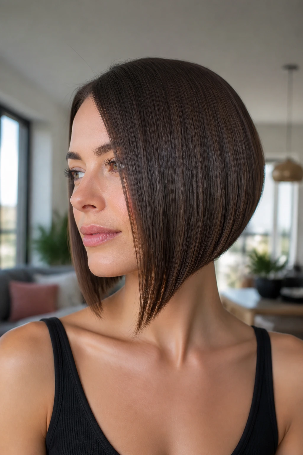 Close-up portrait of a real woman with Sleek A-Line Angled Bob in bright window light