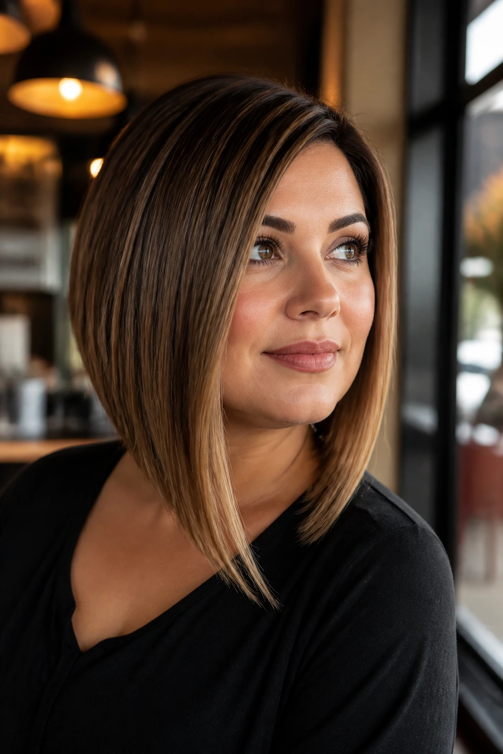 Real woman with angled A-line bob emphasizing the jawline.