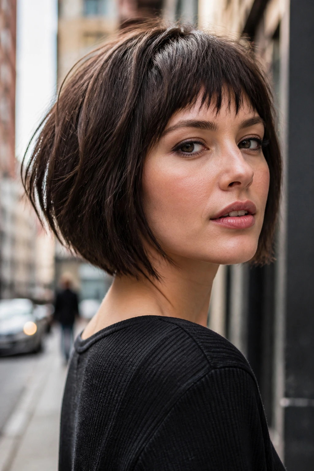 Portrait of a real woman with A-line choppy bob and fringe, urban daylight.