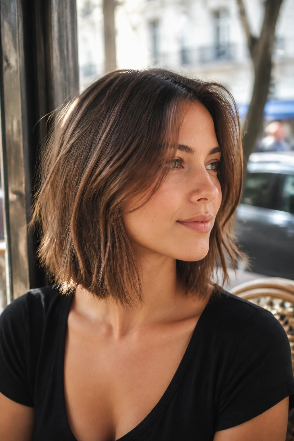 Medium close-up of a woman with collarbone-length A-line bob outdoors by a cafe window