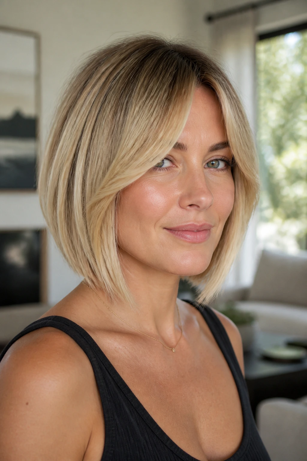 Close-up of a real woman with an A-line bob and soft curtain bangs