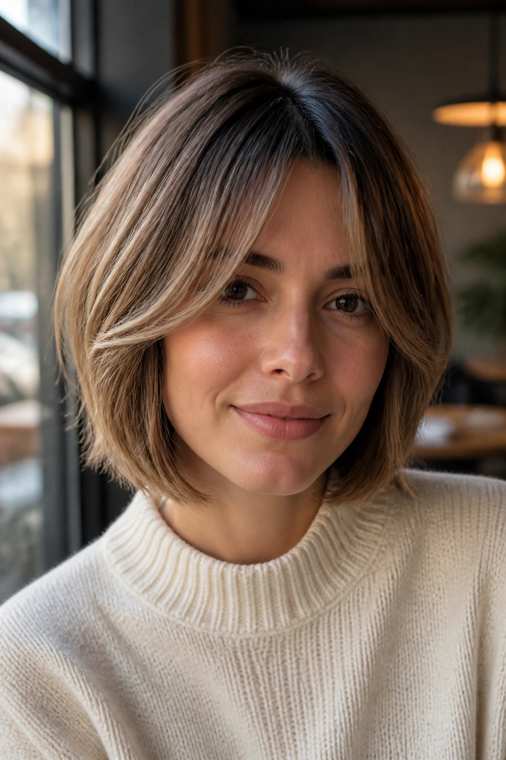Portrait of a woman with soft A-line bob and curtain bangs.