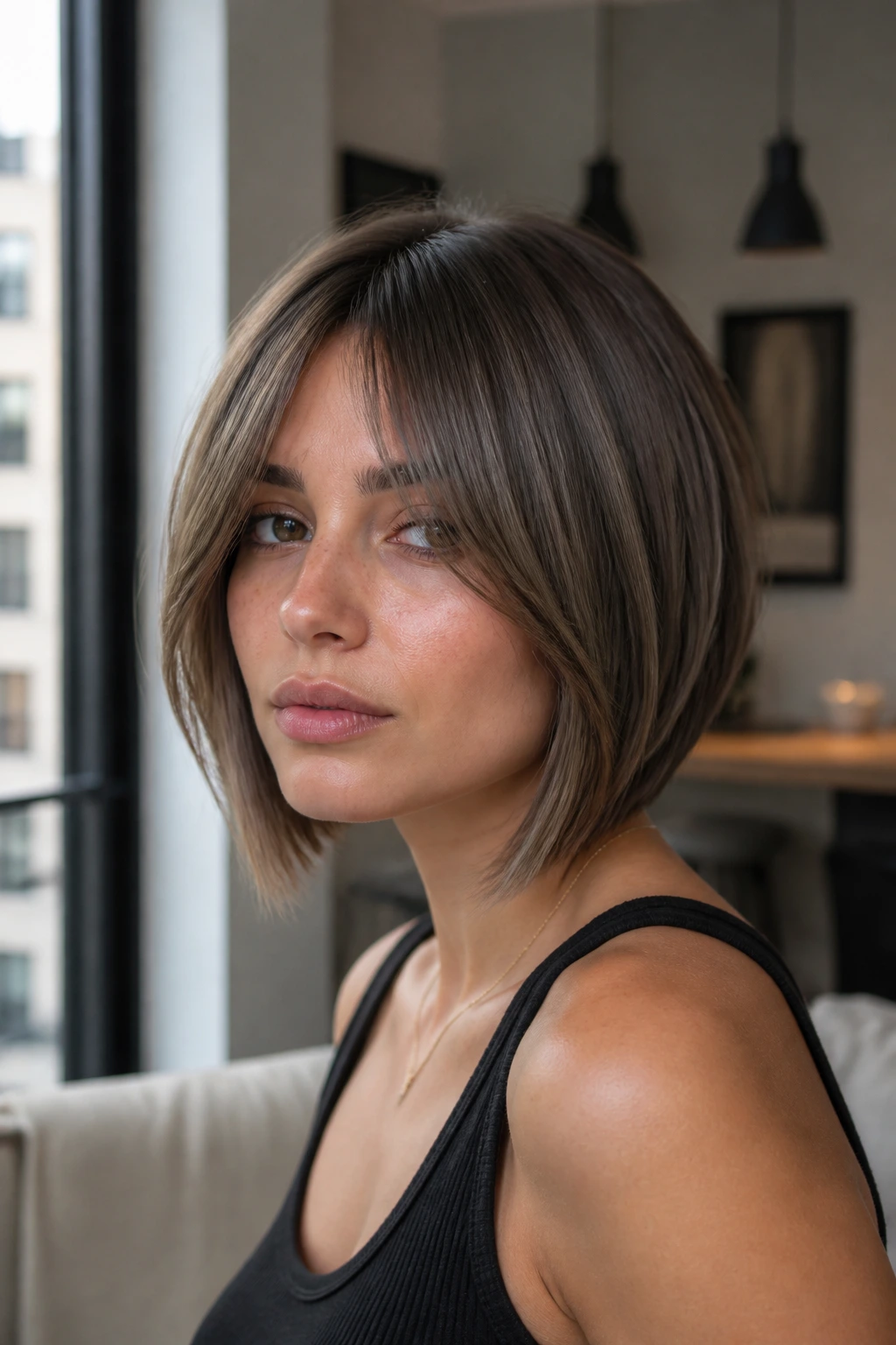 Portrait of a woman with a sleek A-line bob and blended fringe