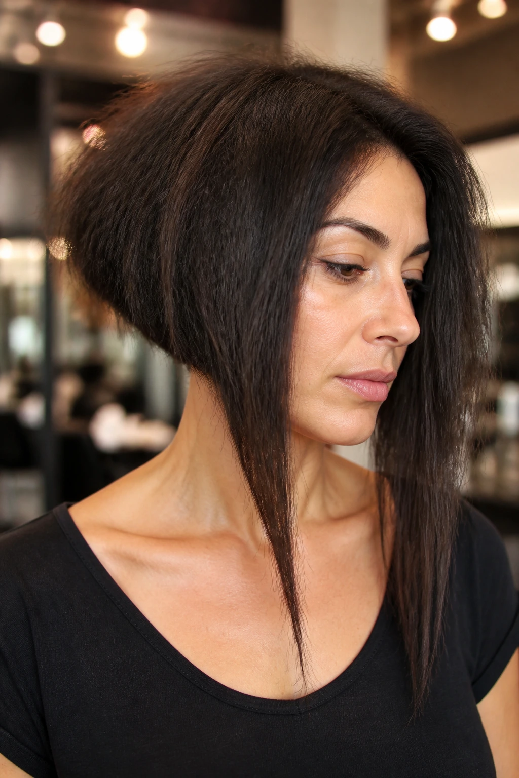 Close-up of a real woman with an extreme angled A-line bob showing frizzy front pieces in a warm salon setting