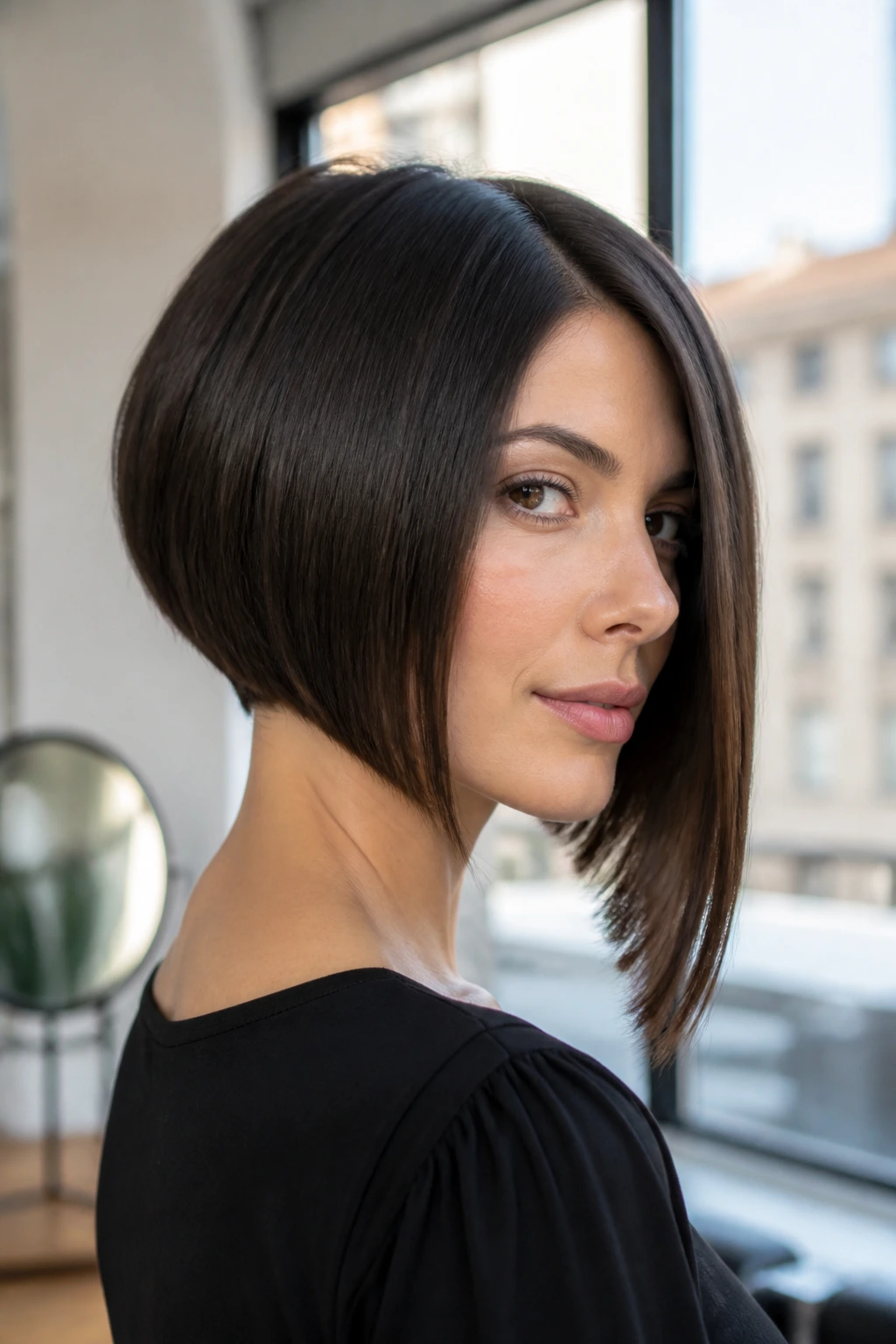 Real person with a sharp angled A-line bob, front longer than back.