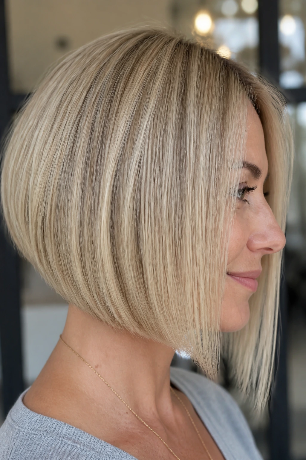 Close-up of thick straight hair in an A-Line internal layers bob