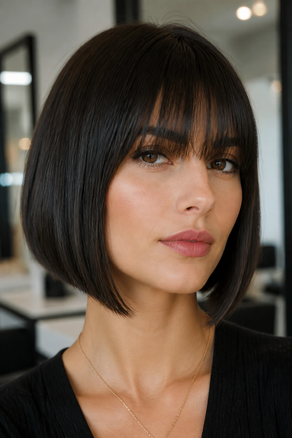Portrait of a person with sleek A-line bob and lash-skimming bangs.