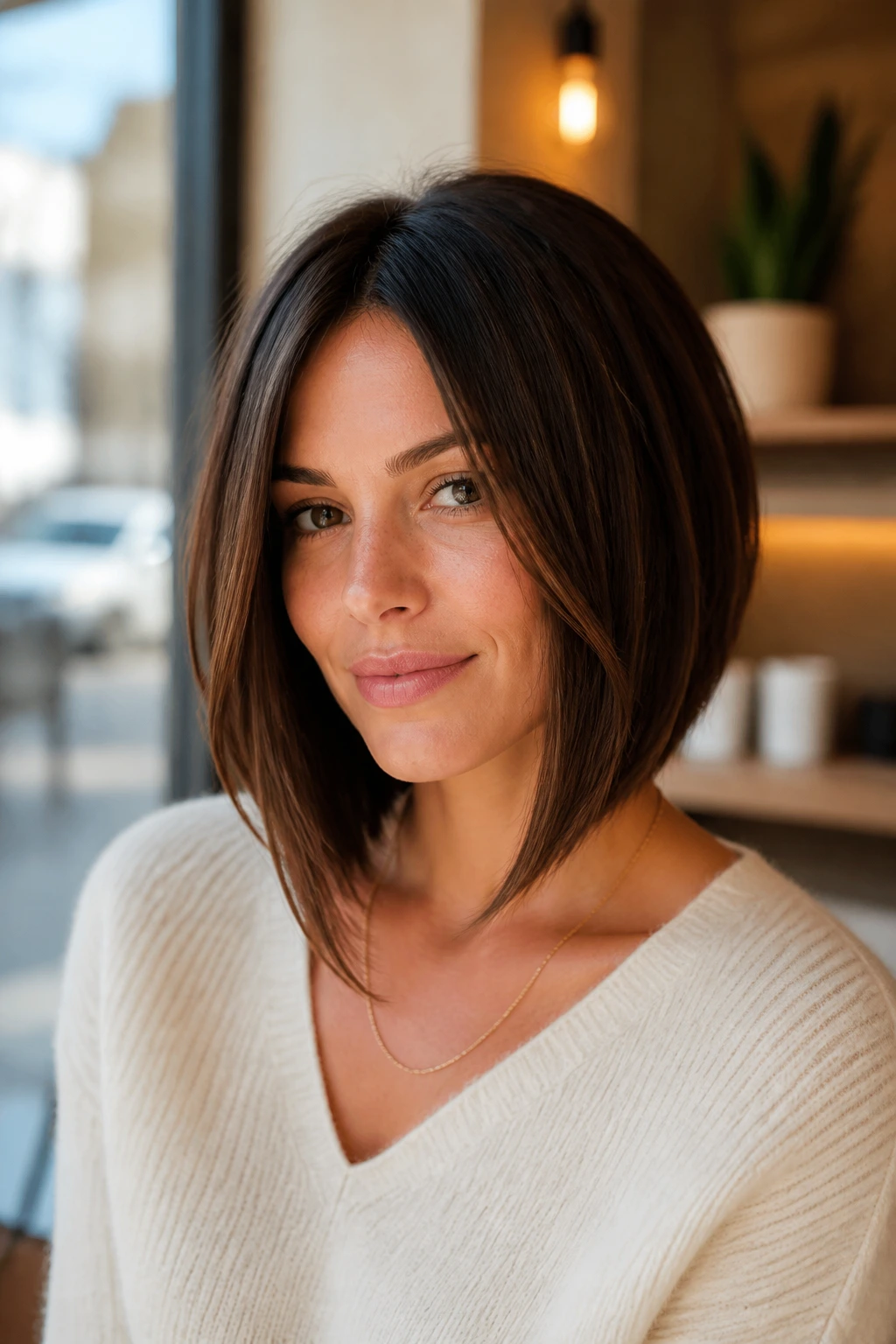 Portrait of a woman with a long-front A-line bob framing her face