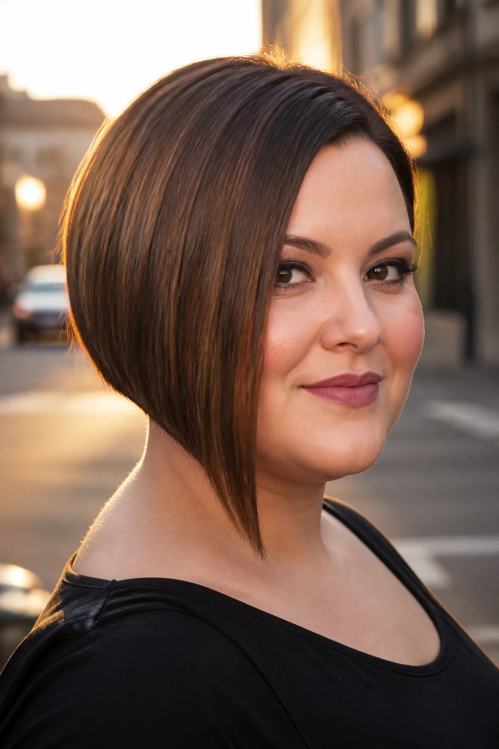 Real woman with sleek A-line bob, showing the angled front and smooth silhouette.
