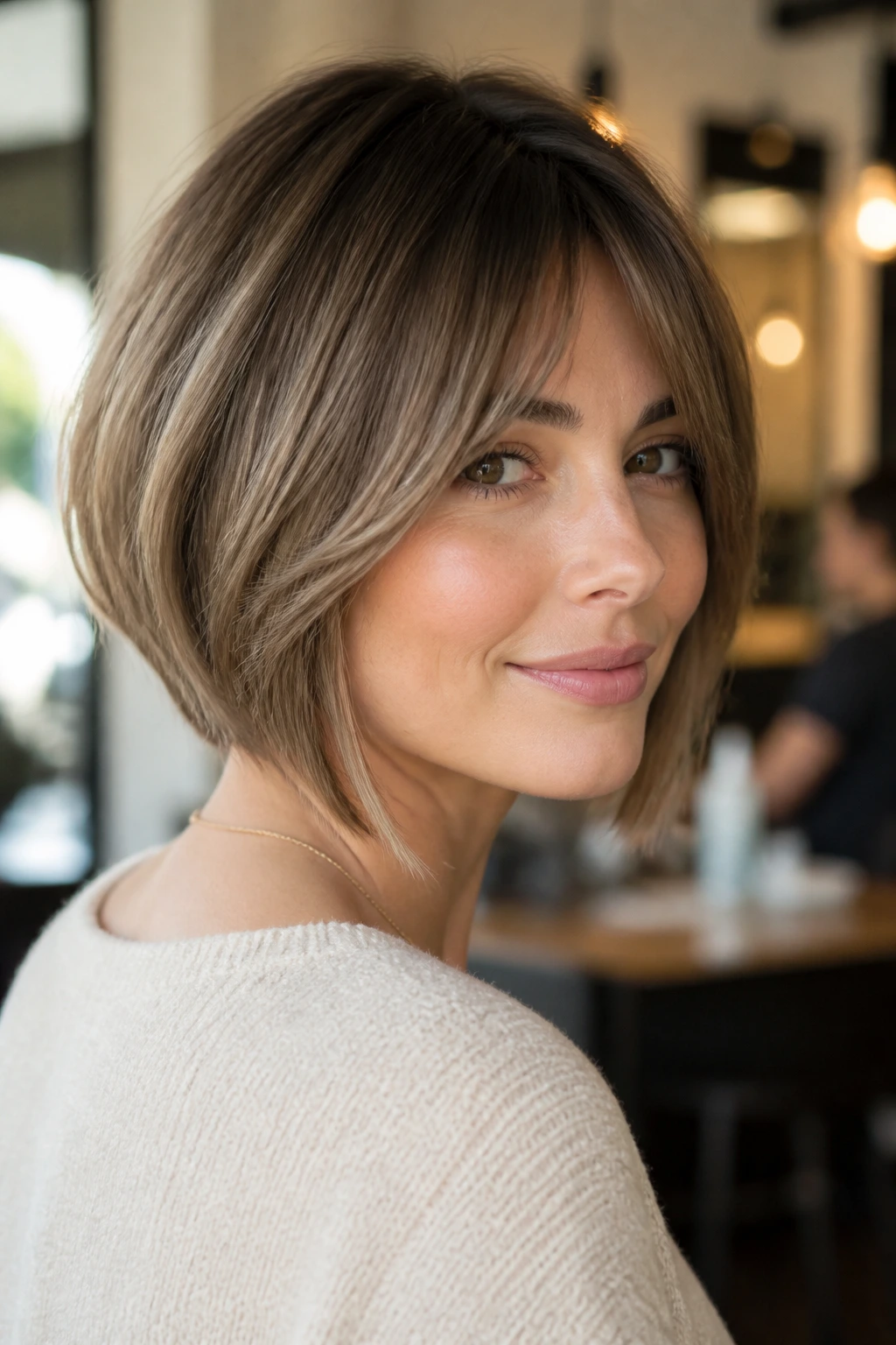 Close-up of a real woman with a soft A-line bob