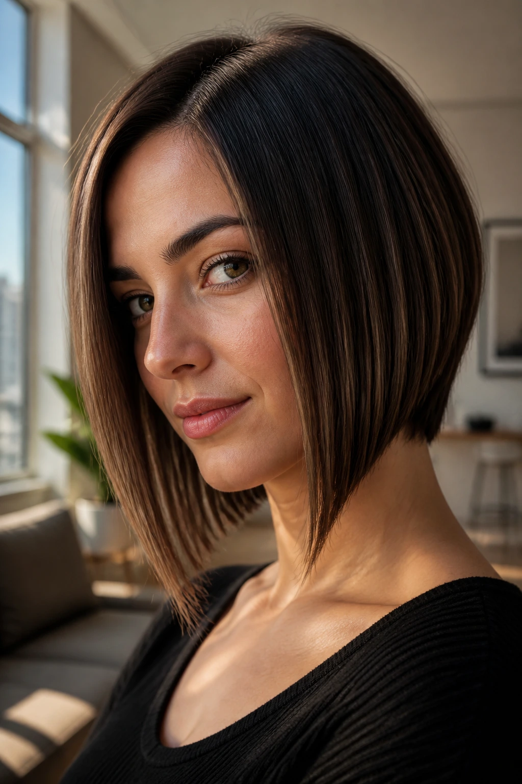 Close-up portrait of a real woman with an A-Line Bob showing the angled back and longer front.