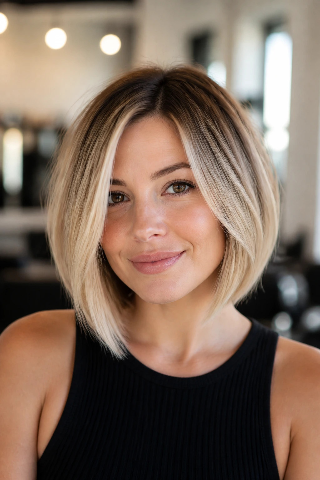 Portrait of a real woman with an A-line bob and root smudging