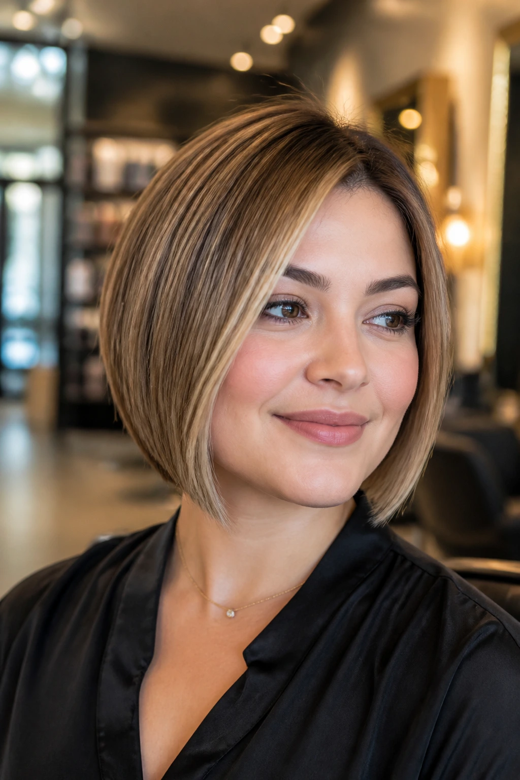 Close-up portrait of a woman with an A-line bob framing a round face in a warm salon setting