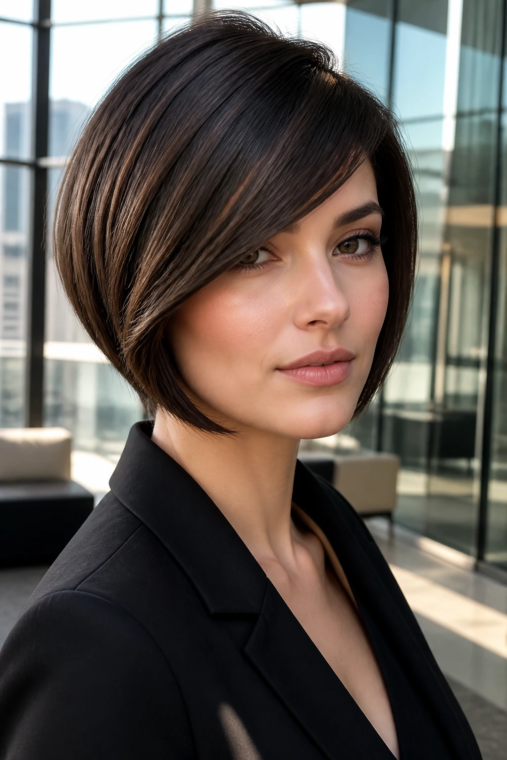 Portrait of a real woman with a sleek A-line bob and side-swept bangs in a modern office setting.