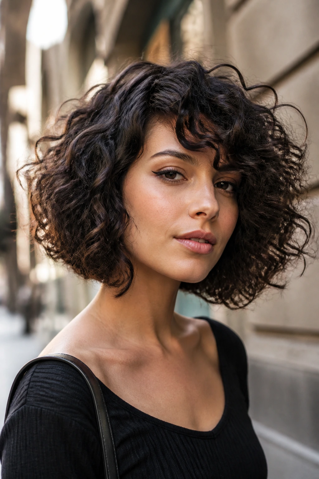 Close-up of a real woman with an A-line bob and side-swept curly bangs in a street-side cafe