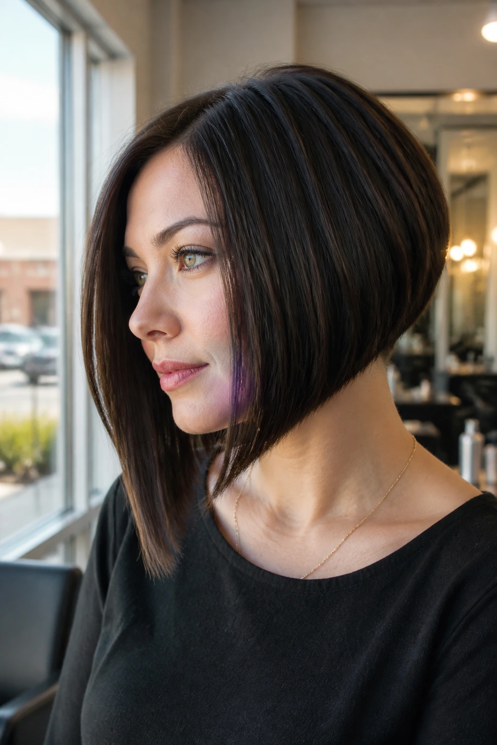 Close-up of a real woman with an A-Line Bob Slanted Forward, jawline-framing diagonal front in natural salon light