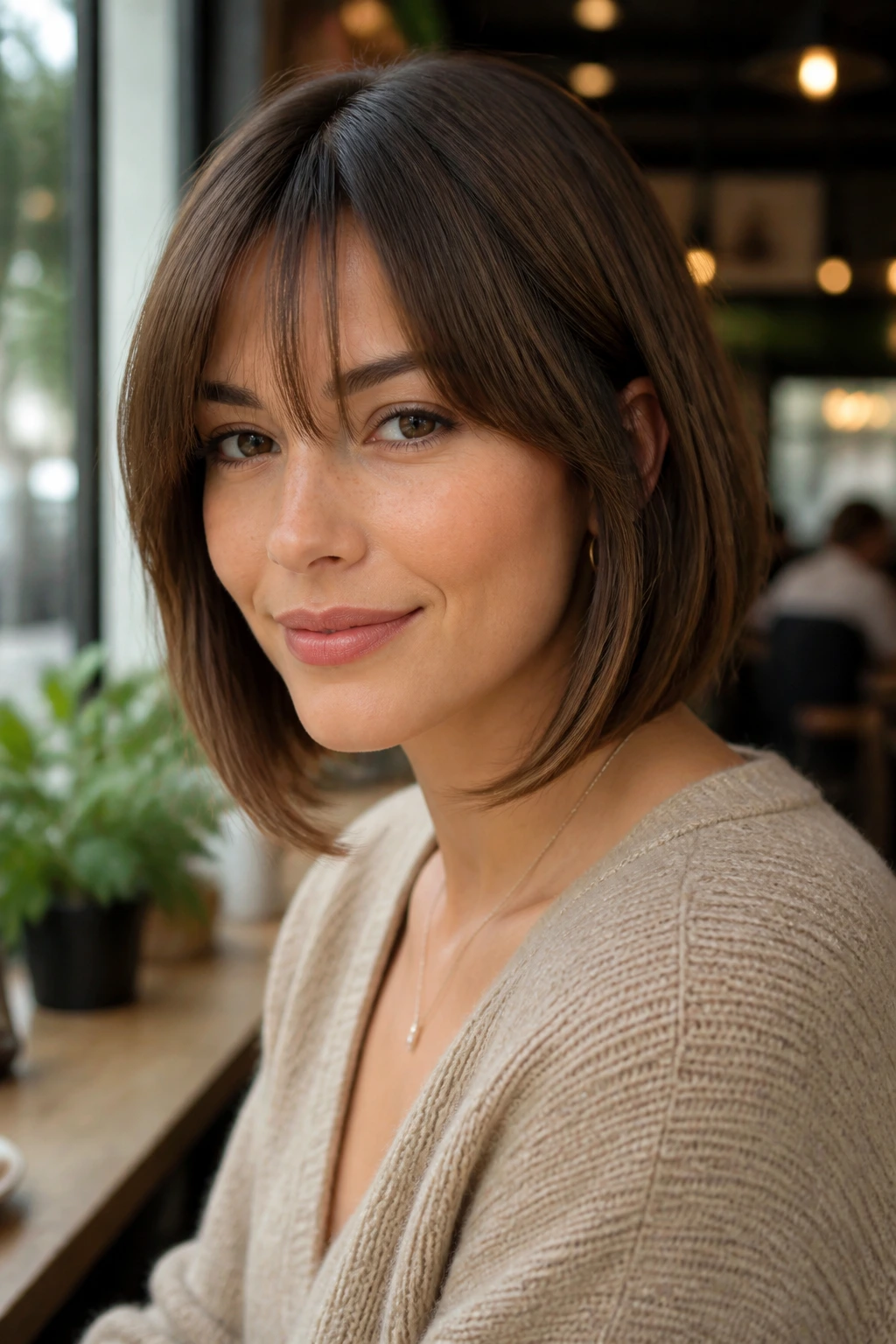 Close-up portrait of a woman with A-line bob and soft bangs