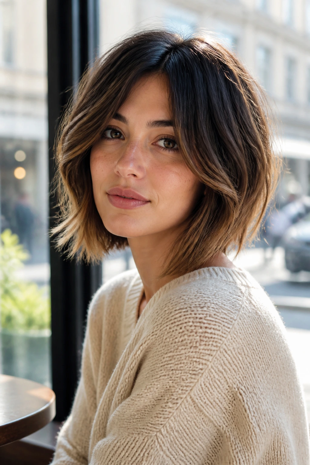 Portrait of a woman with textured A-line bob and soft waves