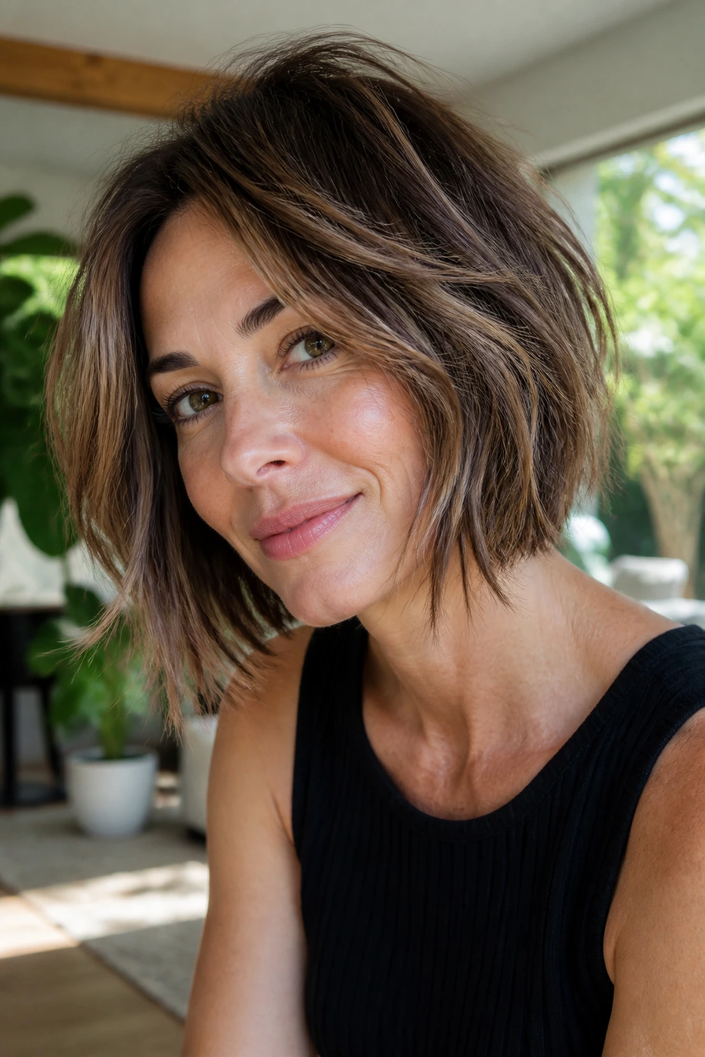 Close-up portrait of a real woman with textured A-line bob in a bright living room