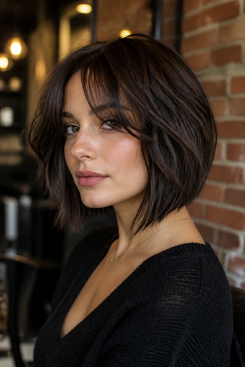 Portrait of a real woman with A-line choppy bob and feathered curtain bangs in a cafe backdrop