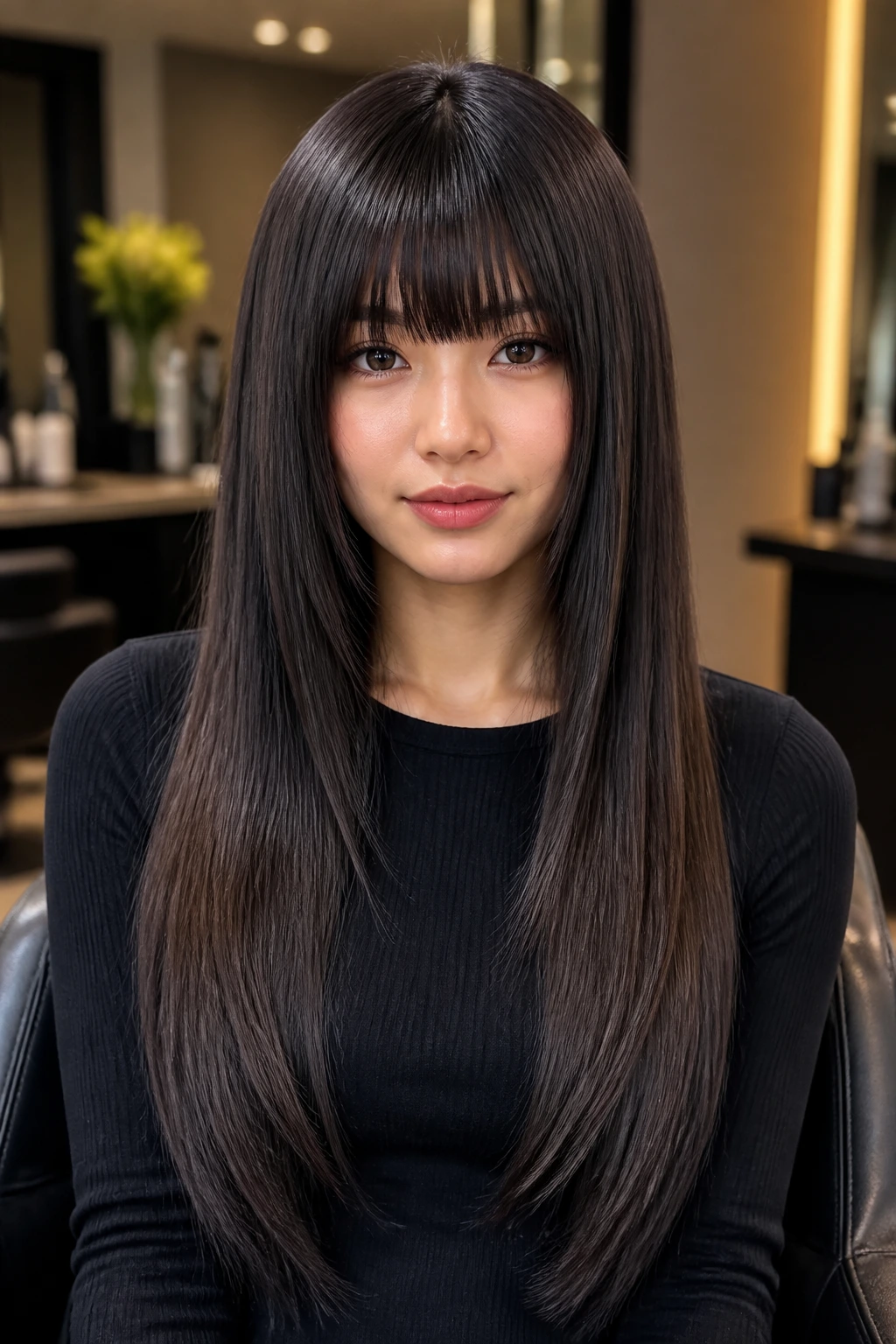 Real woman with sharp A-line fringe and straight hair